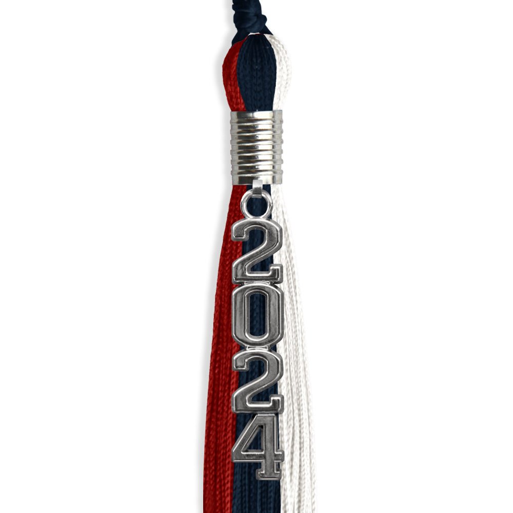 Dark Navy Blue/Red/White Graduation Tassel with Silver Stacked Date Drop by Wholesale Grad Supply