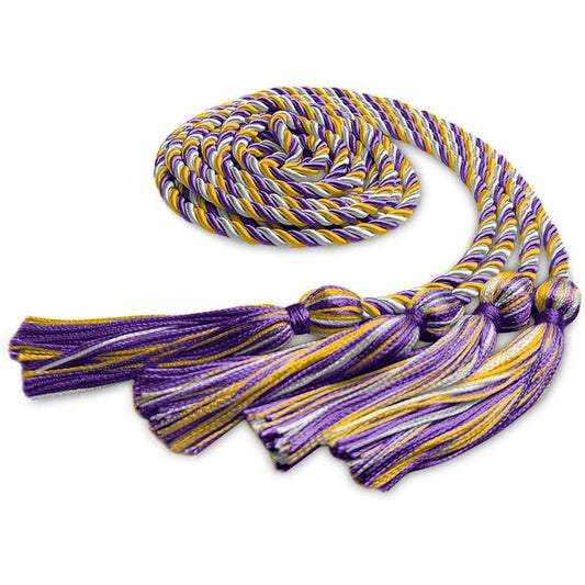 Double Graduation Honor Cord Purple/Gold/White by Wholesale Grad Supply
