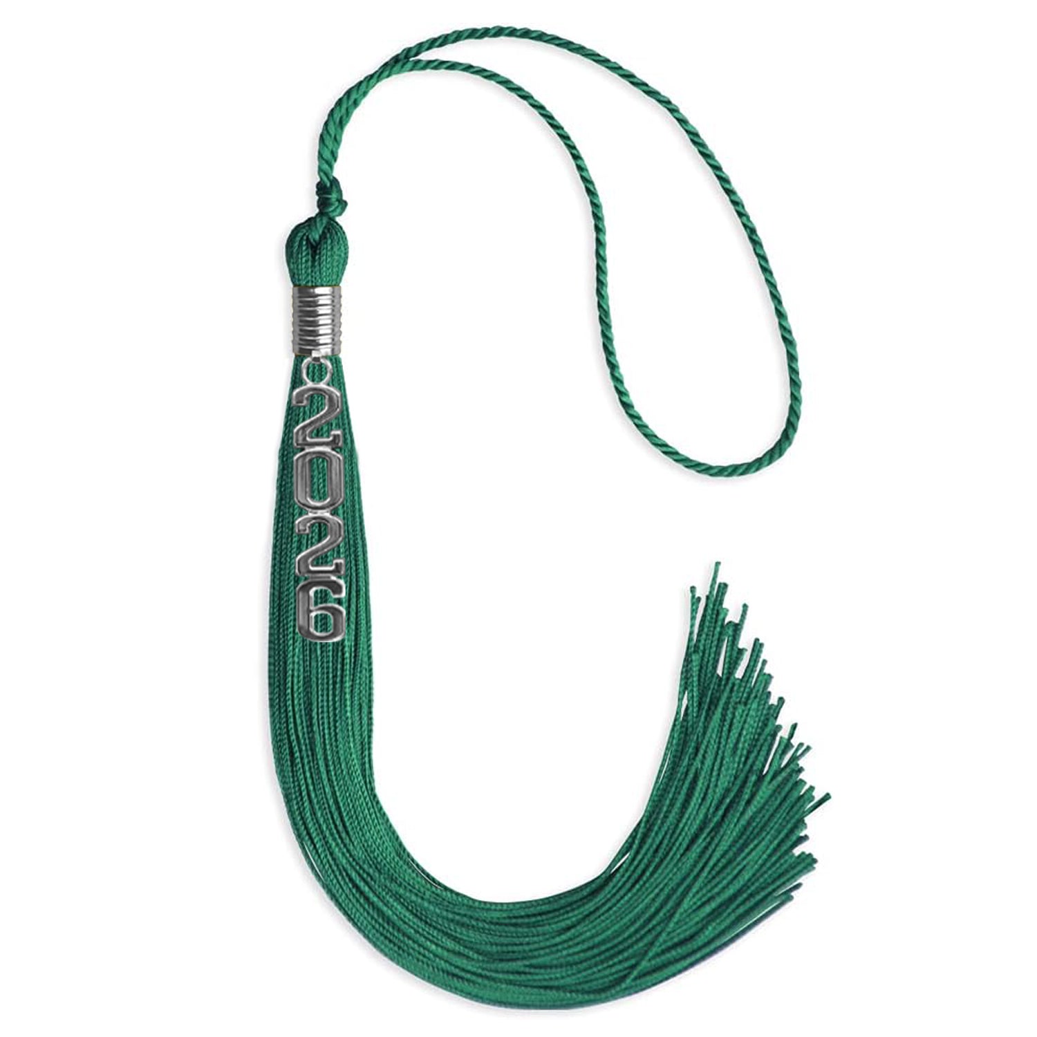Emerald Green Graduation Tassel with Silver Stacked Date Drop by Wholesale Grad Supply