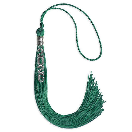 Emerald Green Graduation Tassel with Silver Stacked Date Drop by Wholesale Grad Supply