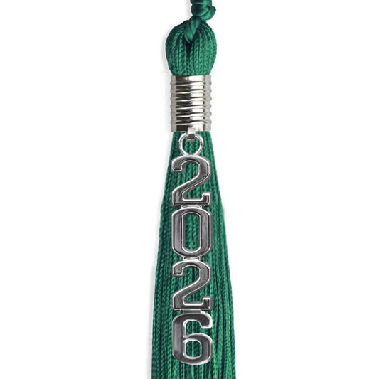 Emerald Green Graduation Tassel with Silver Stacked Date Drop by Wholesale Grad Supply