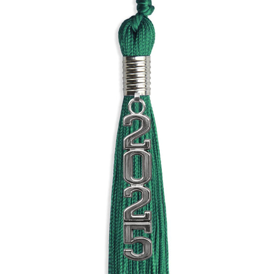 Emerald Green Graduation Tassel with Silver Stacked Date Drop by Wholesale Grad Supply