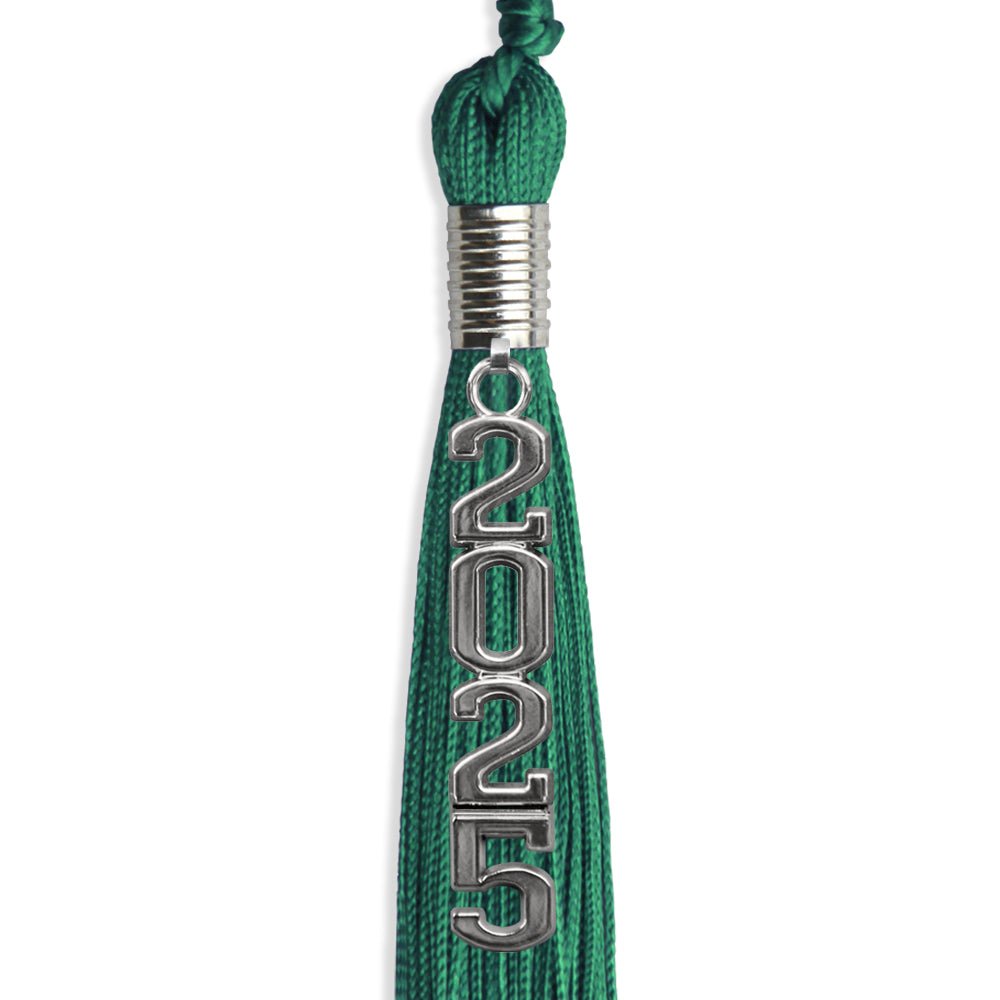 Emerald Green Graduation Tassel with Silver Stacked Date Drop by Wholesale Grad Supply
