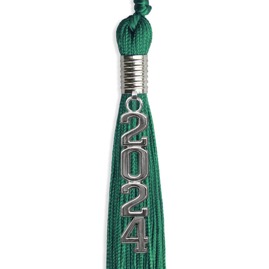 Emerald Green Graduation Tassel with Silver Stacked Date Drop by Wholesale Grad Supply