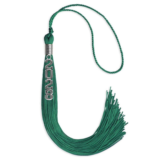 Emerald Green Graduation Tassel with Silver Stacked Date Drop by Wholesale Grad Supply