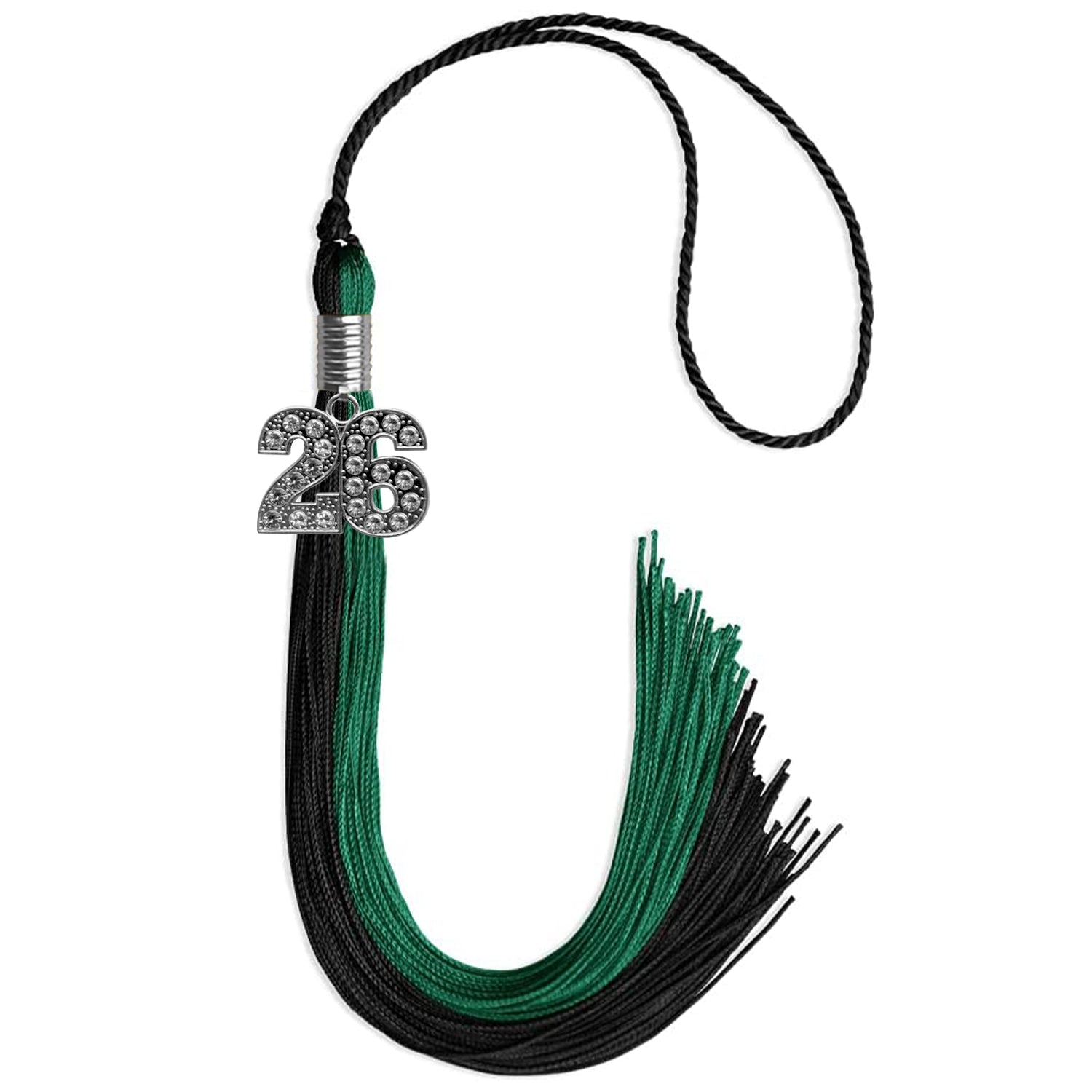 Emerald Green/Black Graduation Tassel with Silver Bling Charm by Wholesale Grad Supply