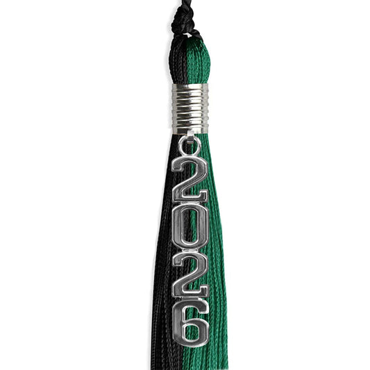Emerald Green/Black Graduation Tassel with Silver Stacked Date Drop by Wholesale Grad Supply