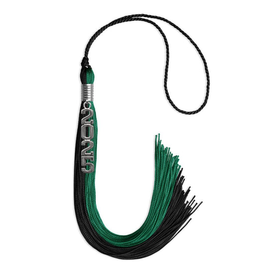 Emerald Green/Black Graduation Tassel with Silver Stacked Date Drop by Wholesale Grad Supply