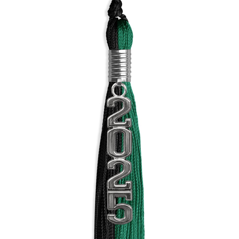 Emerald Green/Black Graduation Tassel with Silver Stacked Date Drop by Wholesale Grad Supply