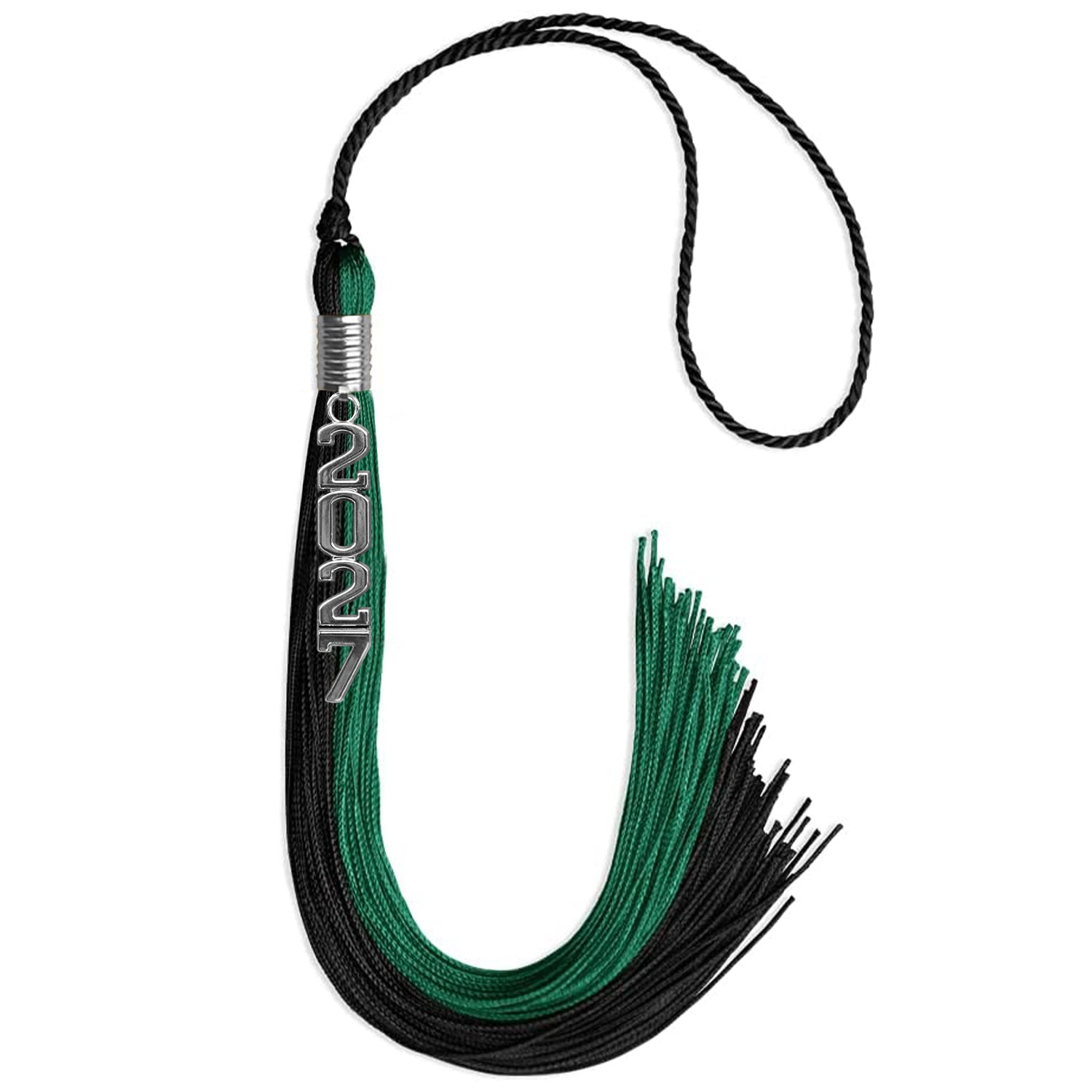Emerald Green/Black Graduation Tassel with Silver Stacked Date Drop by Wholesale Grad Supply