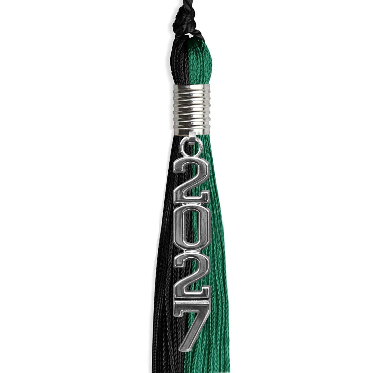 Emerald Green/Black Graduation Tassel with Silver Stacked Date Drop by Wholesale Grad Supply