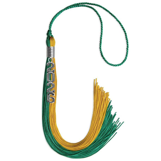 Emerald Green/Bright Gold Graduation Tassel with Silver Stacked Date Drop by Wholesale Grad Supply