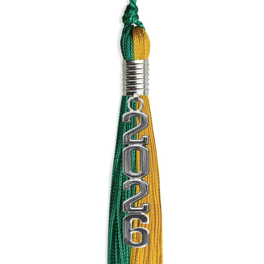 Emerald Green/Bright Gold Graduation Tassel with Silver Stacked Date Drop by Wholesale Grad Supply
