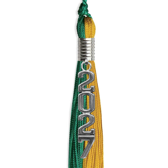 Emerald Green/Bright Gold Graduation Tassel with Silver Stacked Date Drop by Wholesale Grad Supply