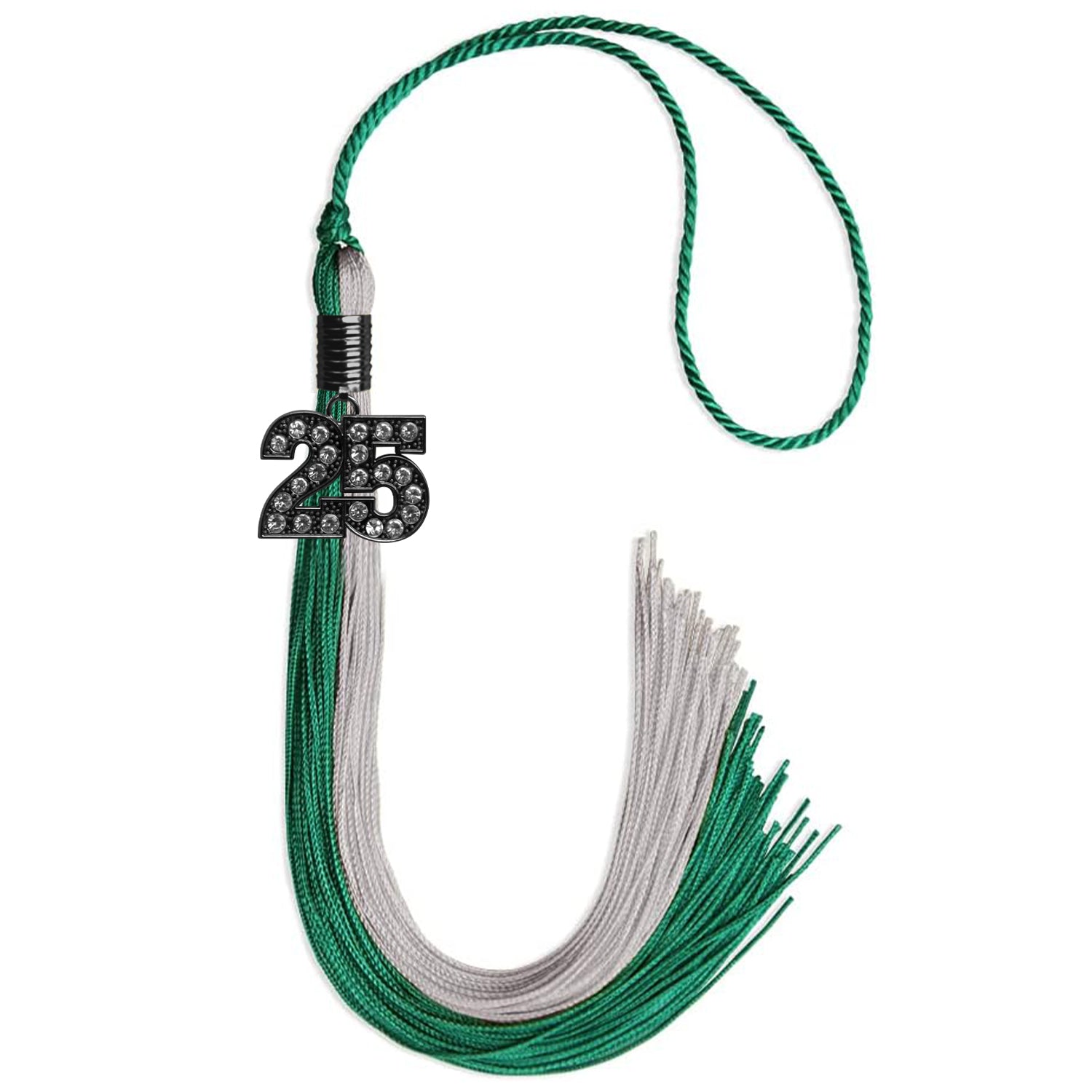 Emerald Green/Grey Graduation Tassel with Black Bling Charm by Wholesale Grad Supply