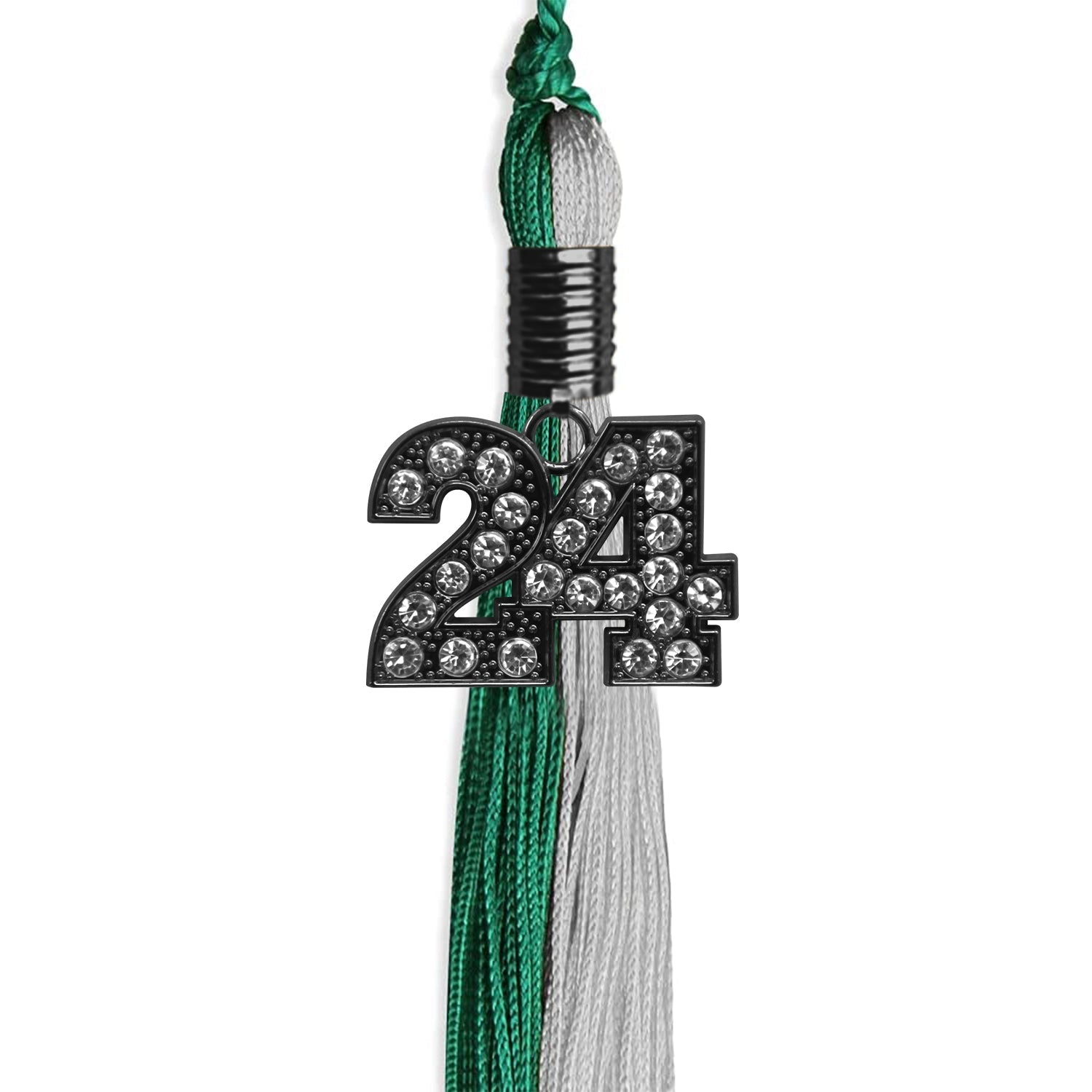 Emerald Green/Grey Graduation Tassel with Black Bling Charm by Wholesale Grad Supply