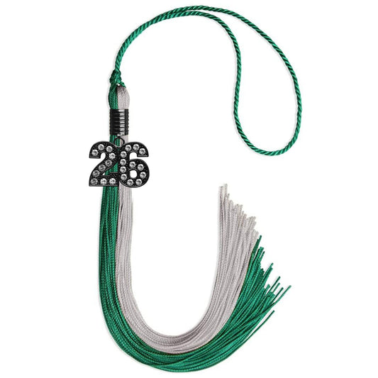 Emerald Green/Grey Graduation Tassel with Black Bling Charm by Wholesale Grad Supply