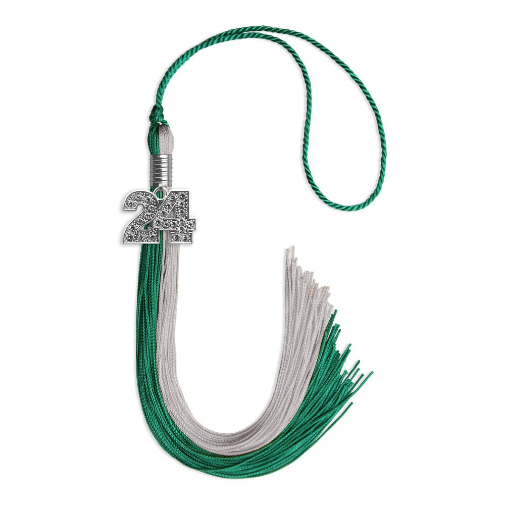 Emerald Green/Grey Graduation Tassel with Silver Bling Charm by Wholesale Grad Supply