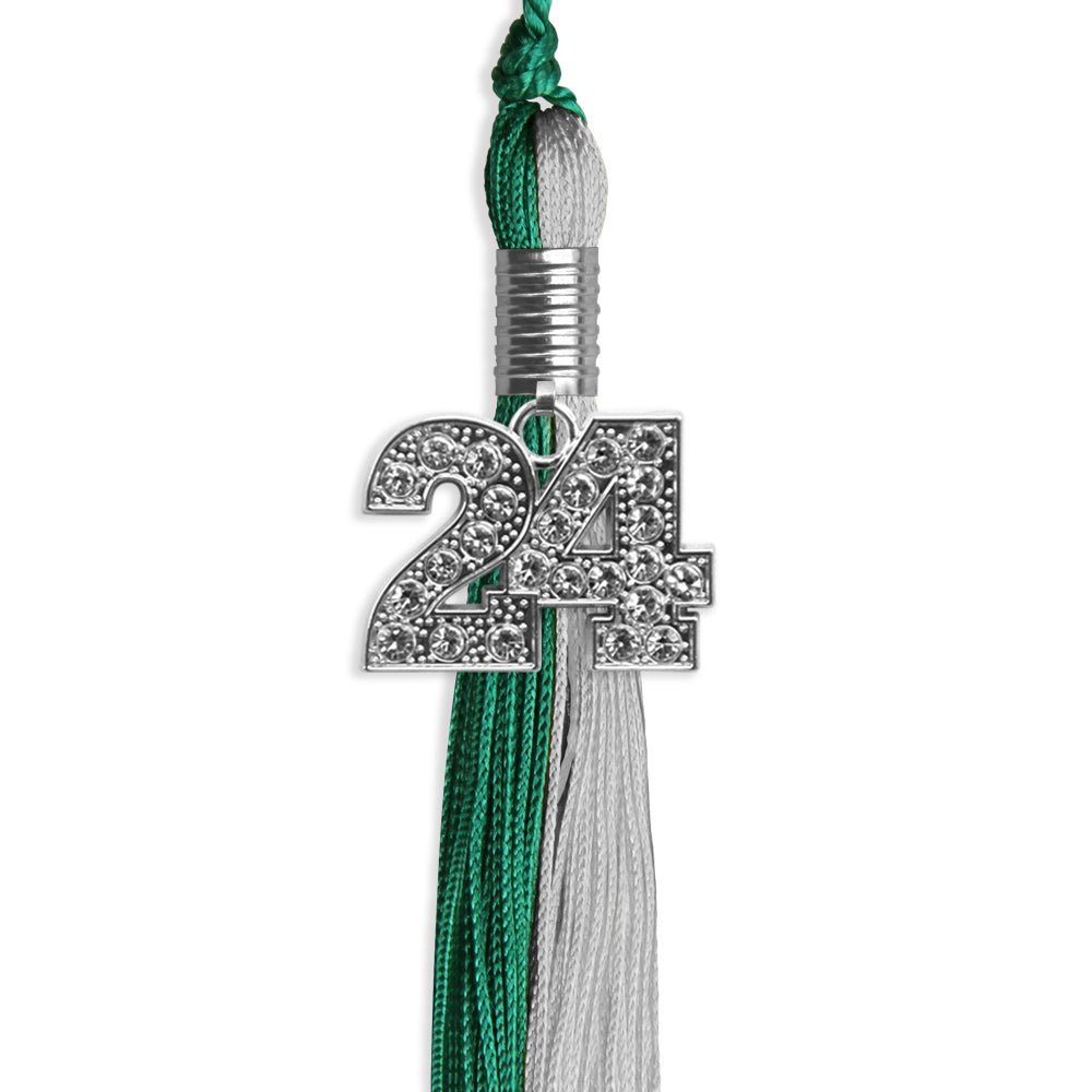 Emerald Green/Grey Graduation Tassel with Silver Bling Charm by Wholesale Grad Supply