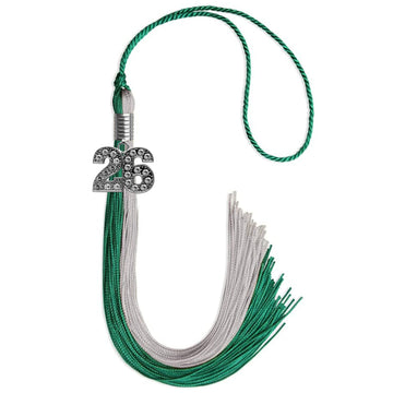 Emerald Green/Grey Graduation Tassel with Silver Bling Charm by Wholesale Grad Supply