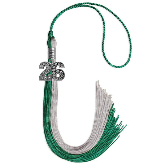 Emerald Green/Grey Graduation Tassel with Silver Bling Charm by Wholesale Grad Supply