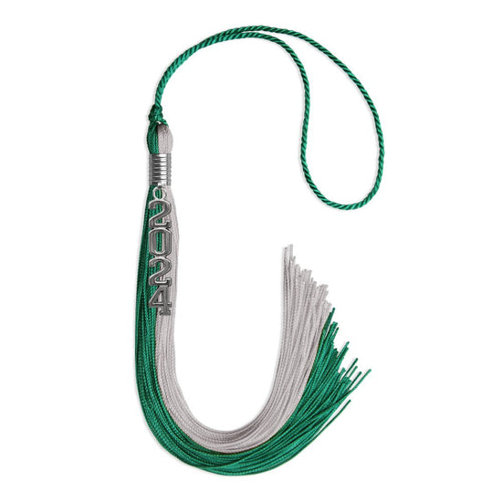 Emerald Green/Grey Graduation Tassel with Silver Stacked Date Drop by Wholesale Grad Supply