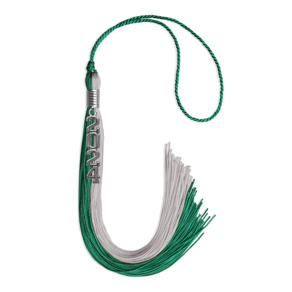 Emerald Green/Grey Graduation Tassel with Silver Stacked Date Drop by Wholesale Grad Supply