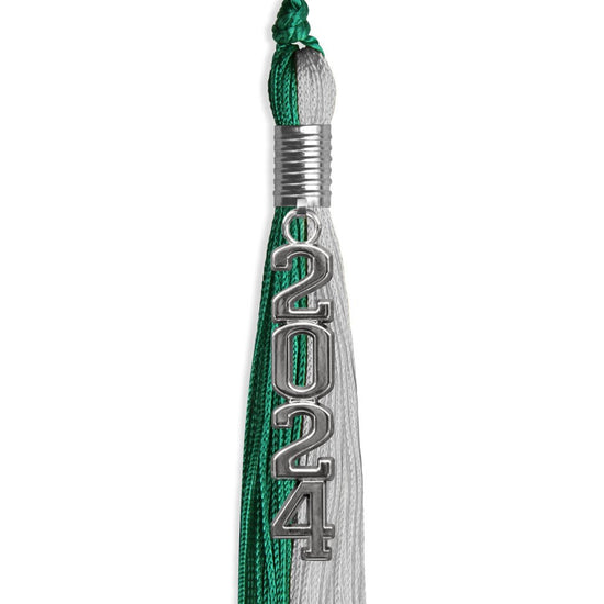 Emerald Green/Grey Graduation Tassel with Silver Stacked Date Drop by Wholesale Grad Supply