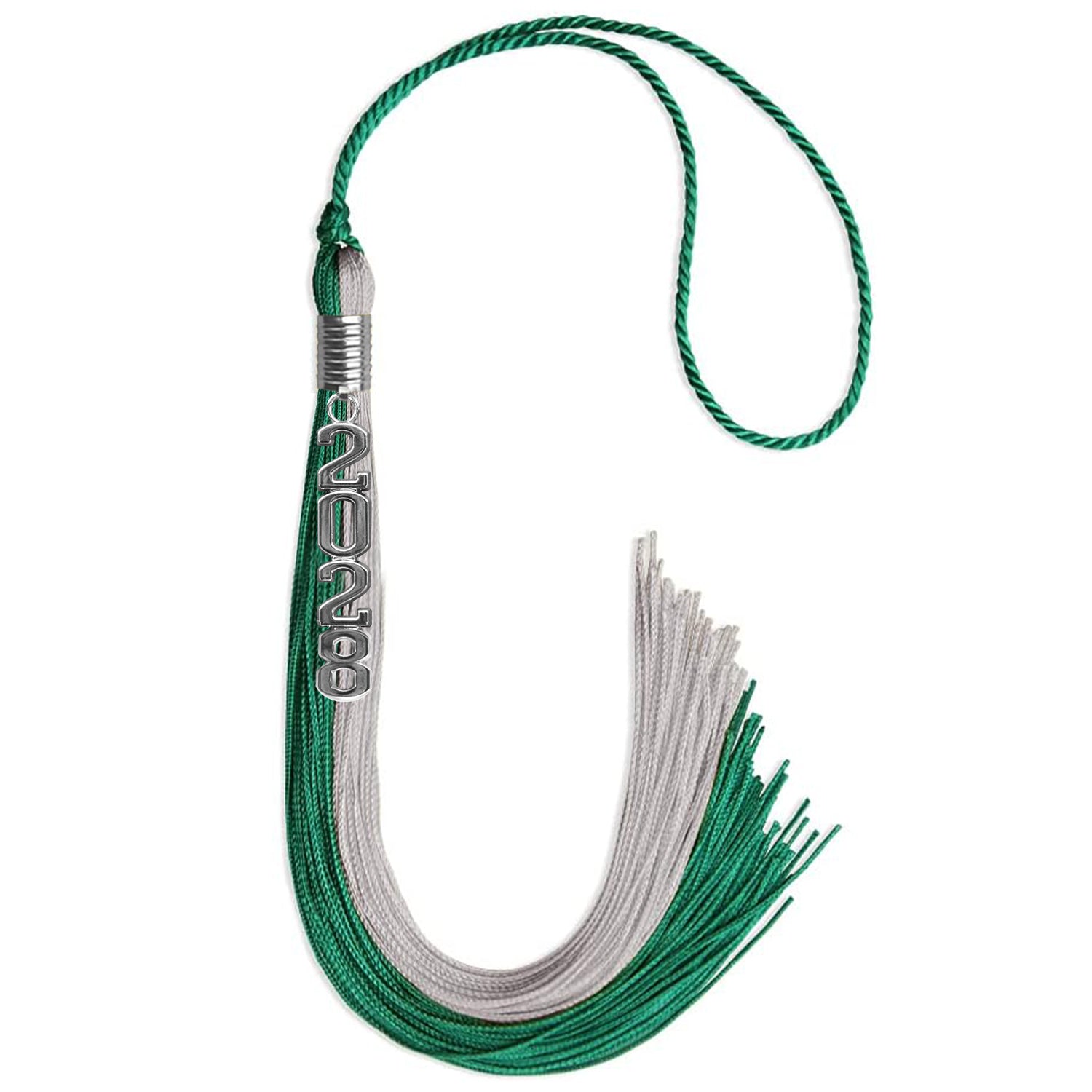 Emerald Green/Grey Graduation Tassel with Silver Stacked Date Drop by Wholesale Grad Supply