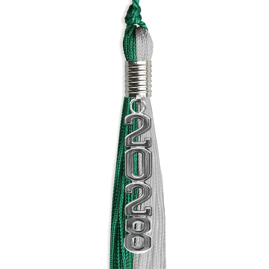 Emerald Green/Grey Graduation Tassel with Silver Stacked Date Drop by Wholesale Grad Supply
