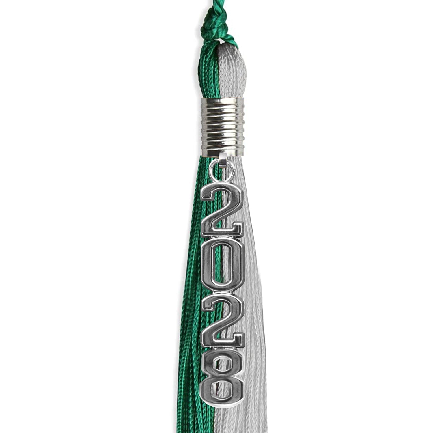 Emerald Green/Grey Graduation Tassel with Silver Stacked Date Drop by Wholesale Grad Supply