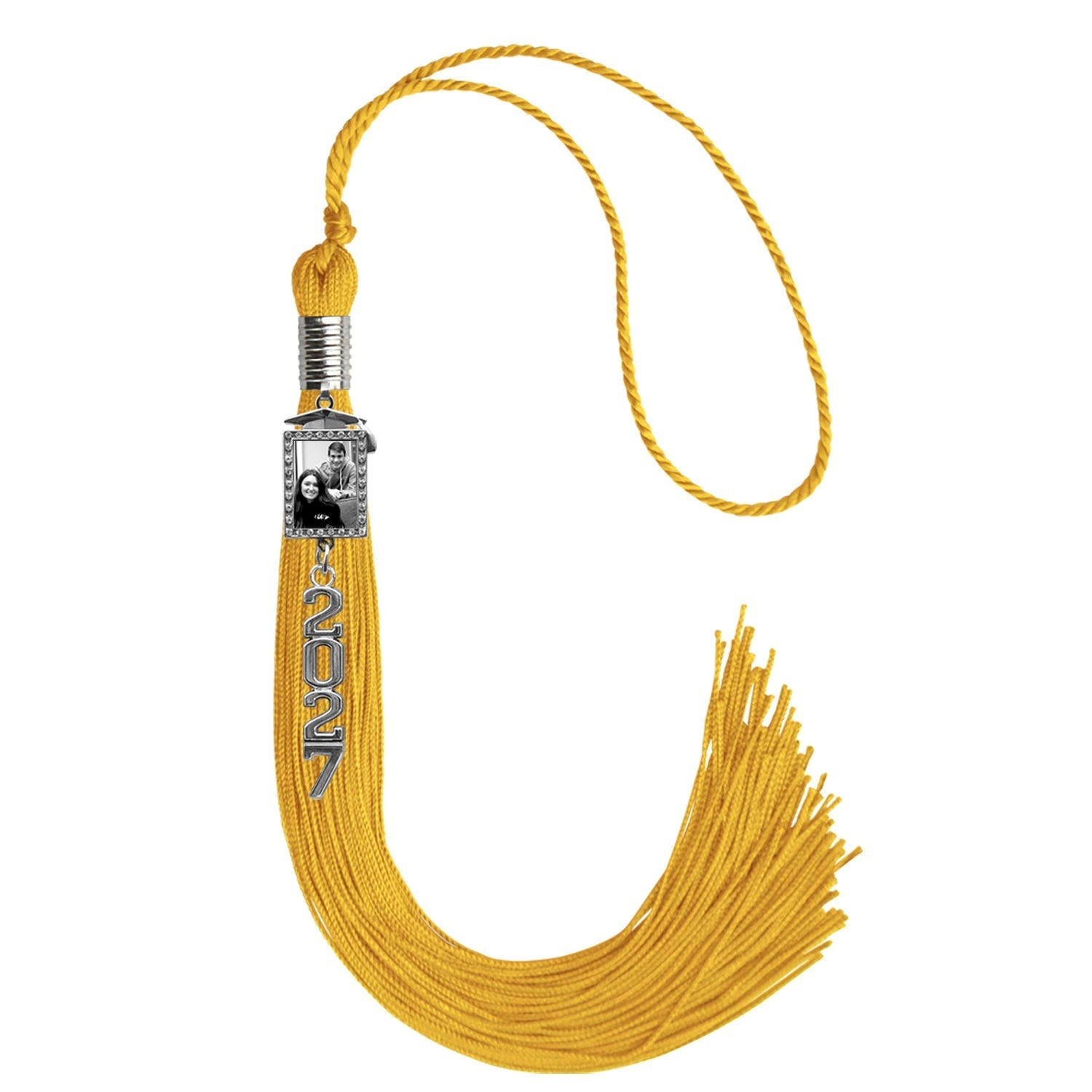 Gold Tassel with Photo Frame Charm and Stacked Date Drop by Wholesale Grad Supply