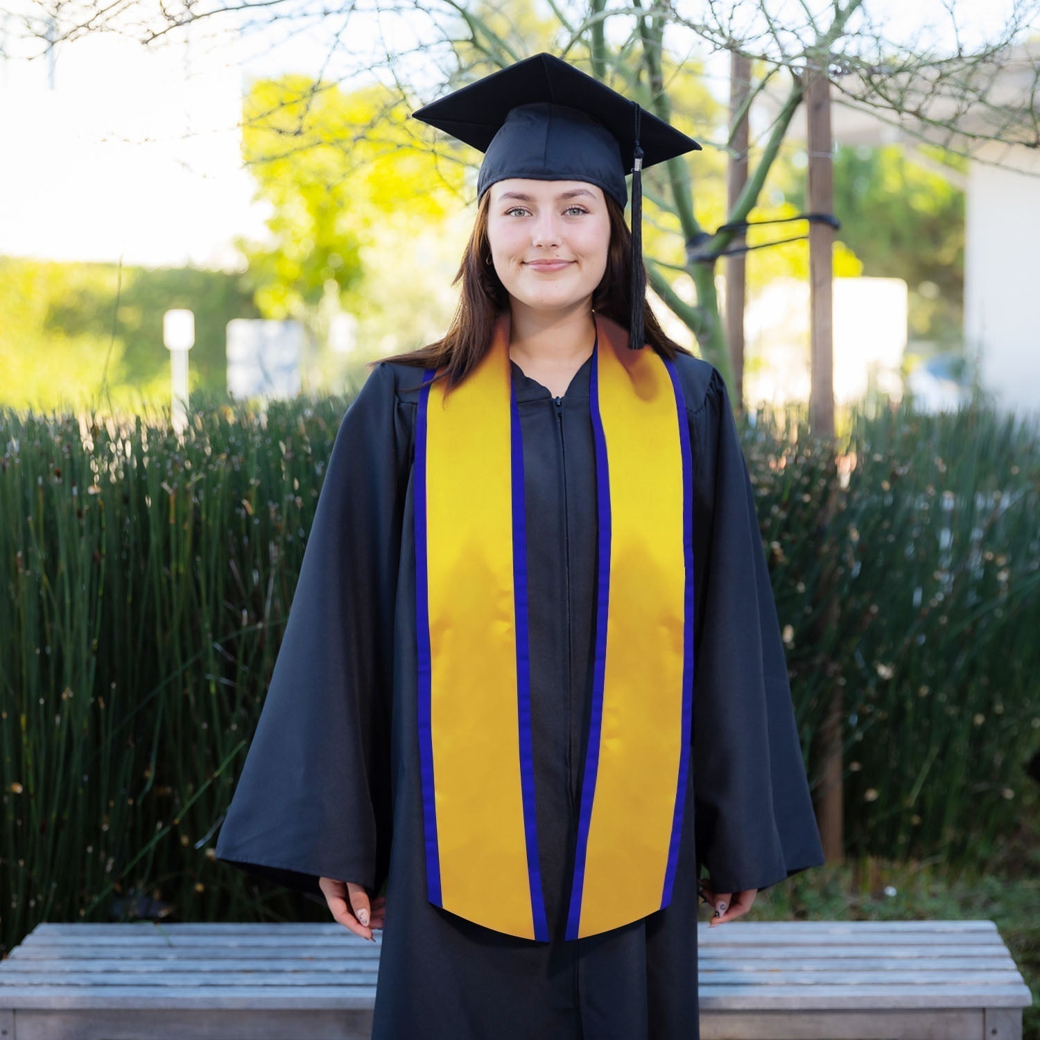 Gold/Royal Blue Plain Graduation Stole with Trim Color & Angled End by Wholesale Grad Supply