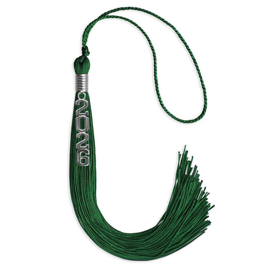 Green Graduation Tassel with Silver Stacked Date Drop by Wholesale Grad Supply