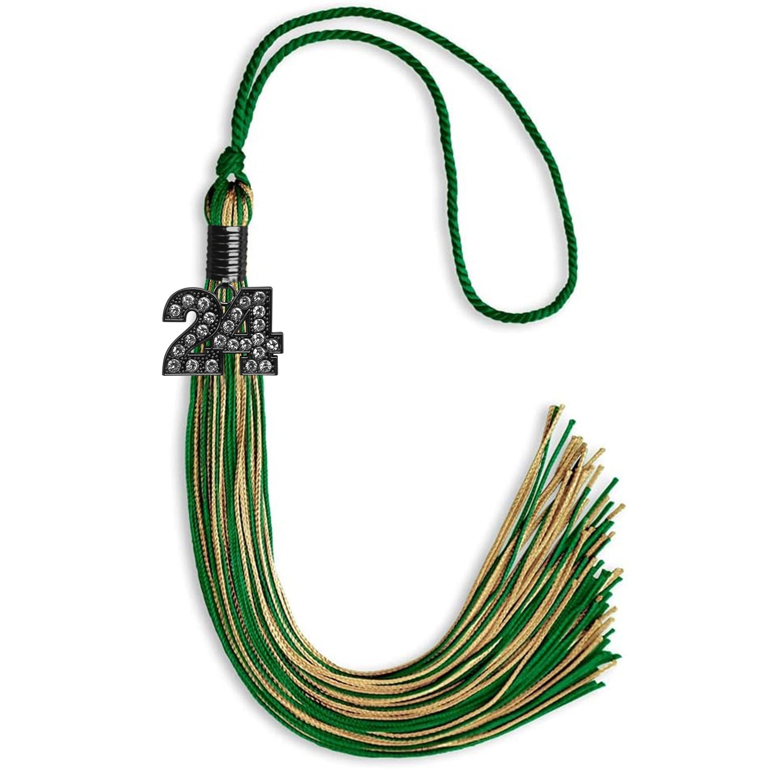 Green/Antique Gold Mixed Color Graduation Tassel with Black Bling Charm by Wholesale Grad Supply