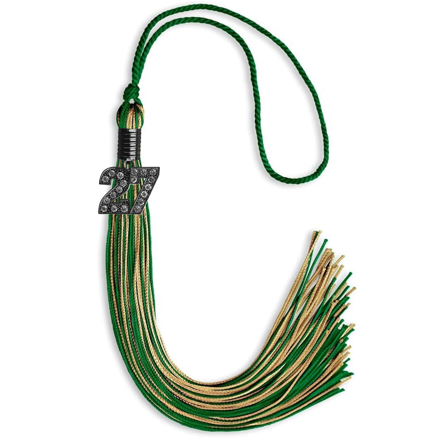 Green/Antique Gold Mixed Color Graduation Tassel with Black Bling Charm by Wholesale Grad Supply