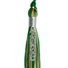 Green/Antique Gold Mixed Color Graduation Tassel with Stacked Silver Date Drop by Wholesale Grad Supply