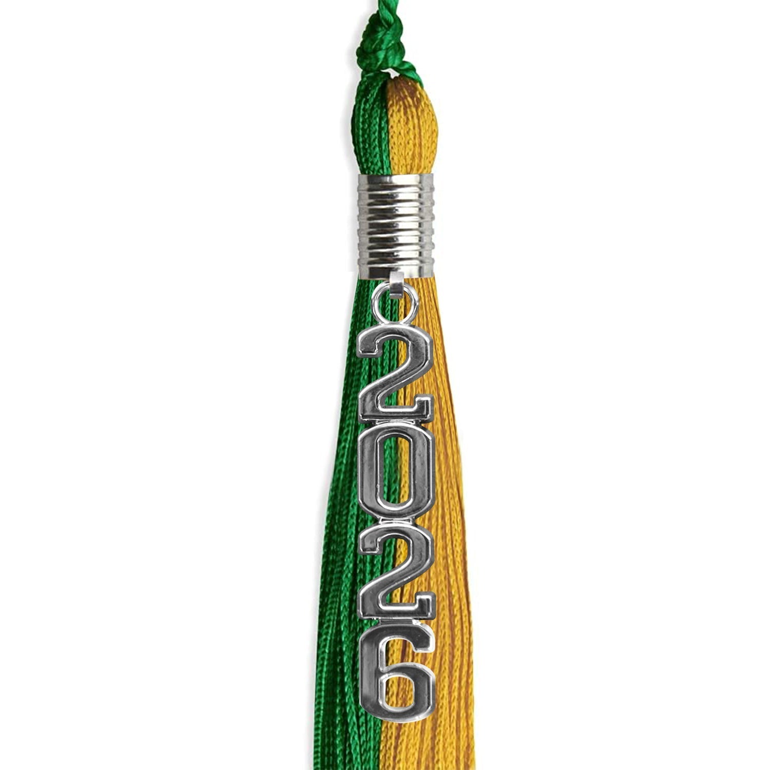 Green/Bright Gold Graduation Tassel with Silver Stacked Date Drop by Wholesale Grad Supply