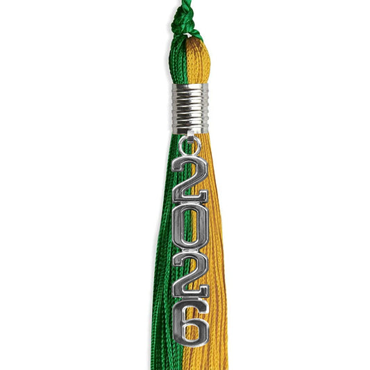 Green/Bright Gold Graduation Tassel with Silver Stacked Date Drop by Wholesale Grad Supply