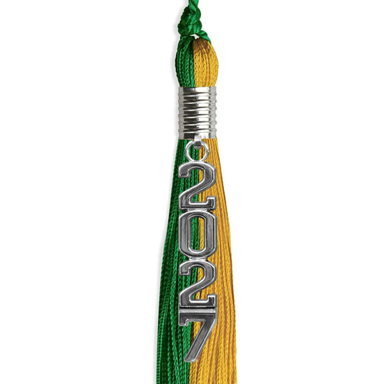 Green/Bright Gold Graduation Tassel with Silver Stacked Date Drop by Wholesale Grad Supply