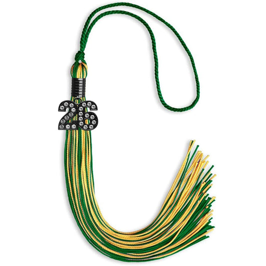 Green/Gold Mixed Color Graduation Tassel with Black Bling Charm by Wholesale Grad Supply