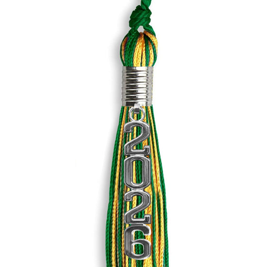 Green/Gold Mixed Color Graduation Tassel with Stacked Silver Date Drop by Wholesale Grad Supply