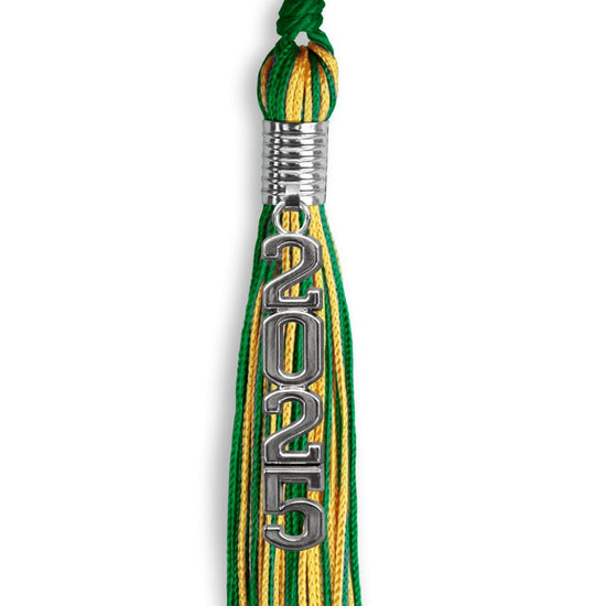 Green/Gold Mixed Color Graduation Tassel with Stacked Silver Date Drop by Wholesale Grad Supply