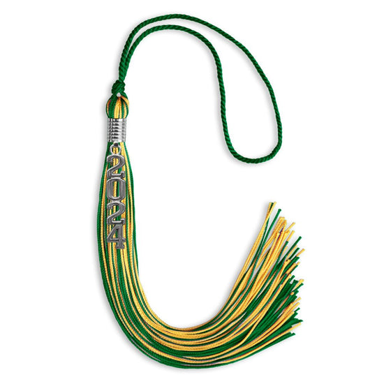 Green/Gold Mixed Color Graduation Tassel with Stacked Silver Date Drop by Wholesale Grad Supply