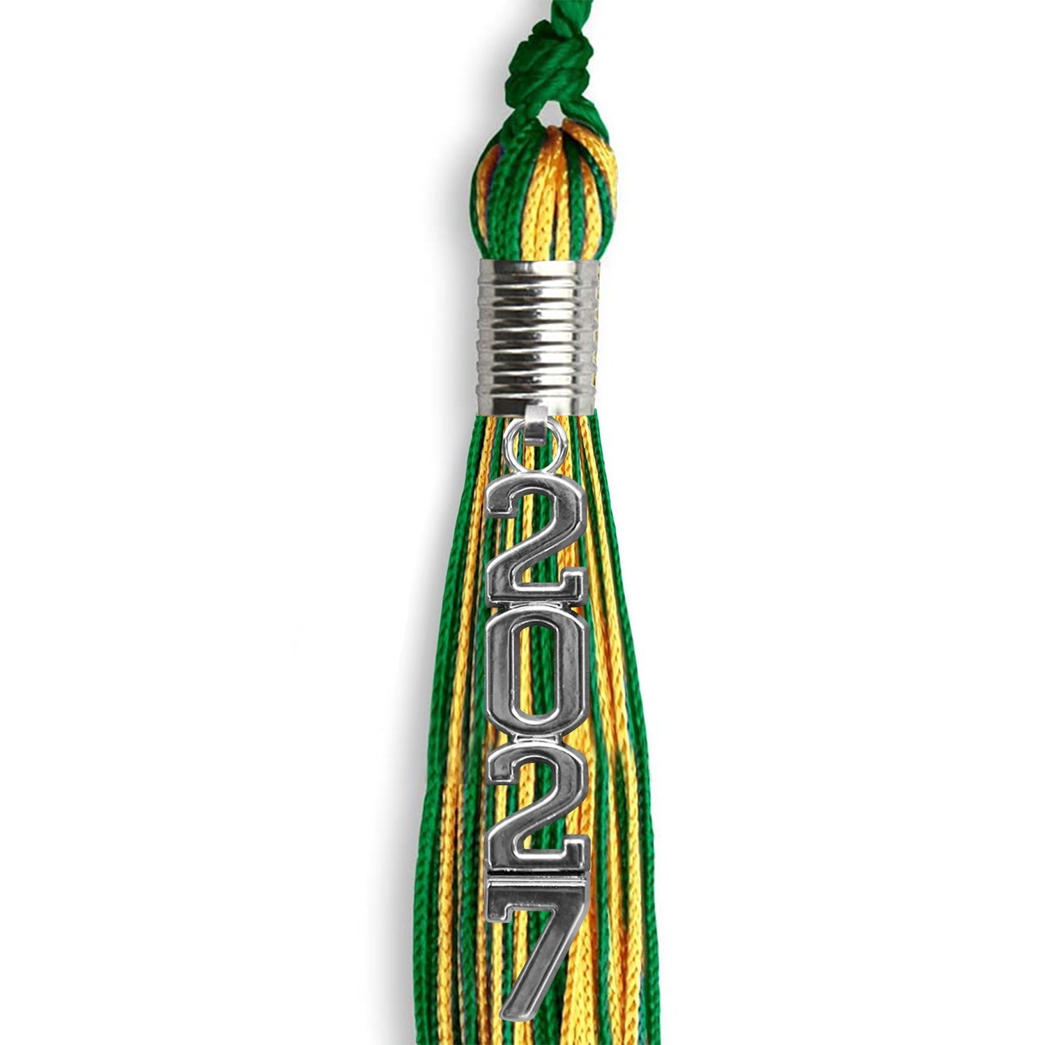 Green/Gold Mixed Color Graduation Tassel with Stacked Silver Date Drop by Wholesale Grad Supply