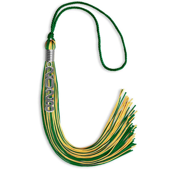 Green/Gold Mixed Color Graduation Tassel with Stacked Silver Date Drop by Wholesale Grad Supply