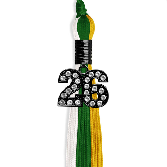 Green/Gold/White Graduation Tassel with Black Bling Charm by Wholesale Grad Supply