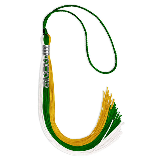 Green/Gold/White Graduation Tassel with Silver Stacked Date Drop by Wholesale Grad Supply