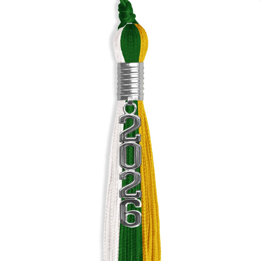 Green/Gold/White Graduation Tassel with Silver Stacked Date Drop by Wholesale Grad Supply