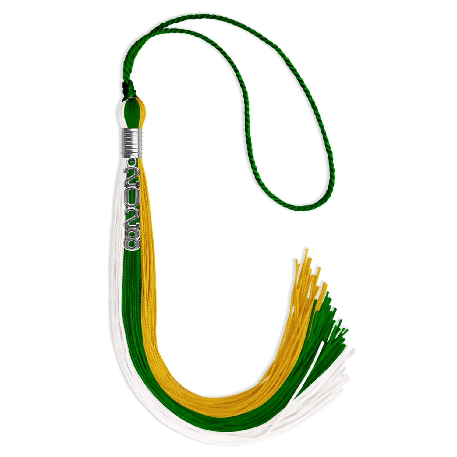 Green/Gold/White Graduation Tassel with Silver Stacked Date Drop by Wholesale Grad Supply